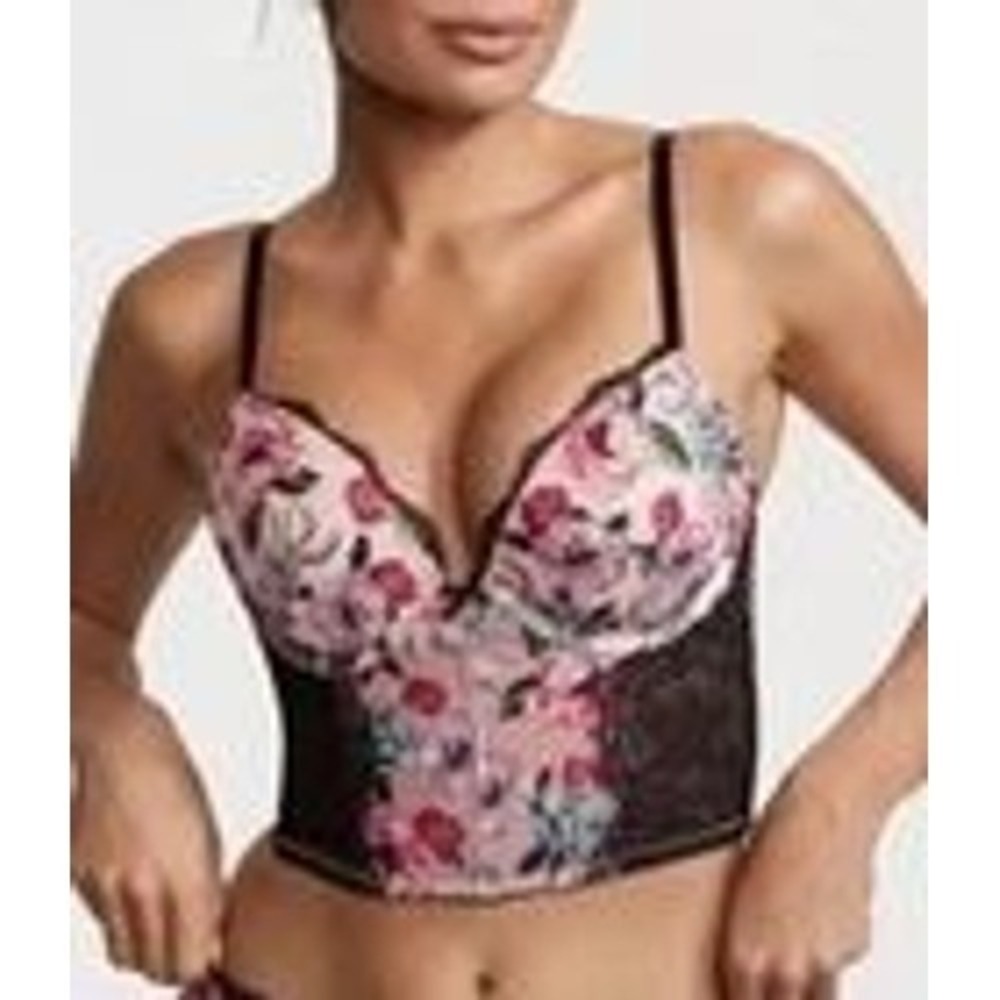 Victoria's Secret Very Sexy Floral Lace Push-Up Corset Bra 34D Black Boudoir
